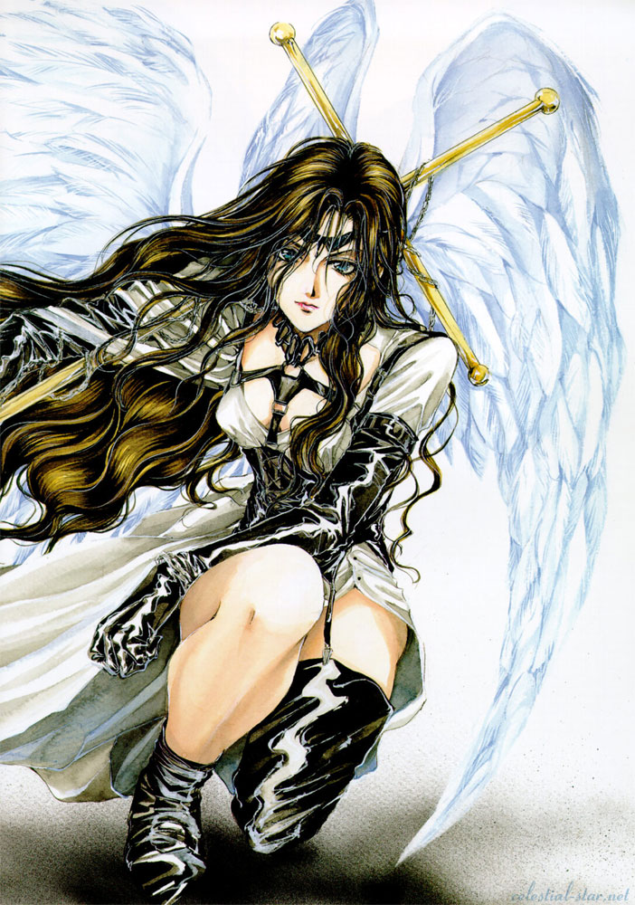 1girl, alexiel, angel, angel_sanctuary, angel_wings, artbook, black_gloves, blue_eyes