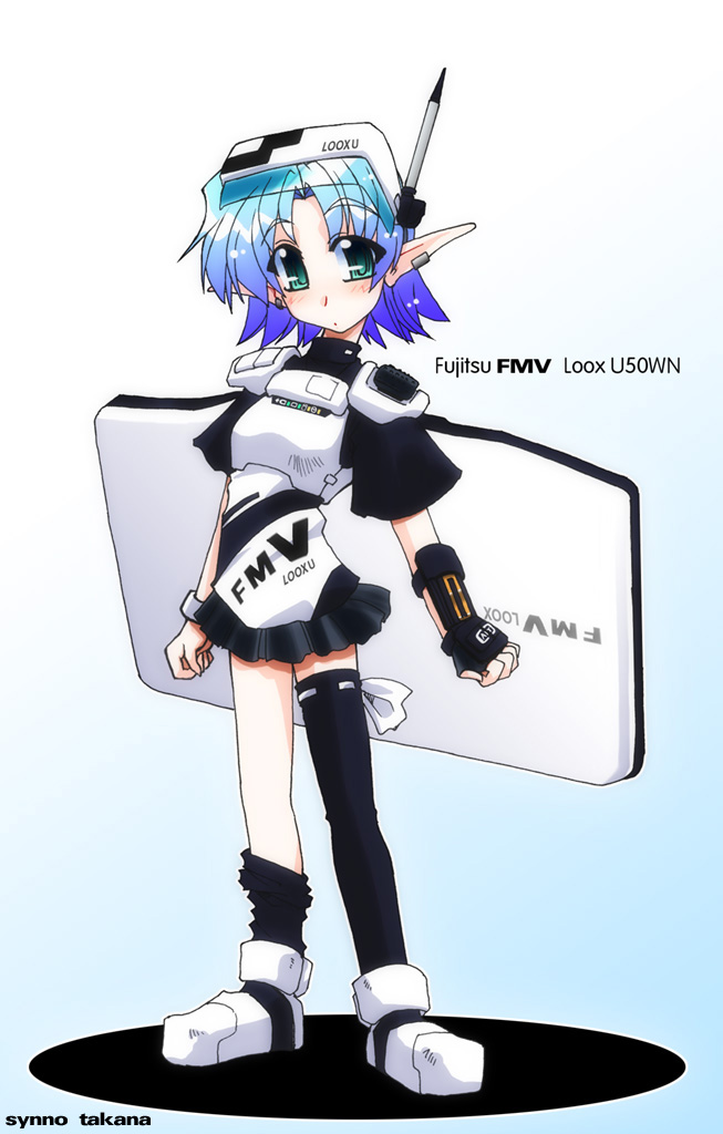 1girl, fujitsu, fujitsu_fmv_loox_u50wn-tan, mecha_musume, pointy_ears, solo, tablet, tablet-tan, takana_shinno, thigh-highs