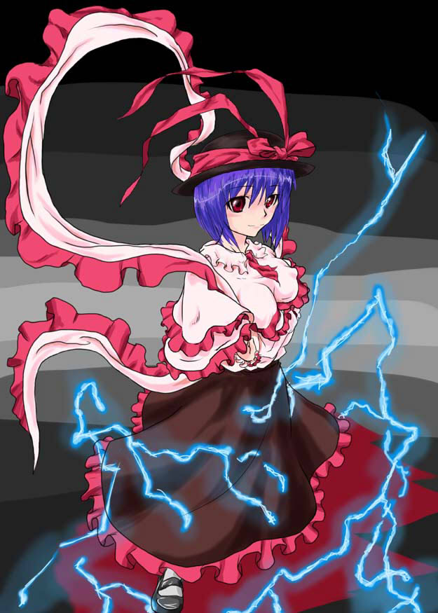 blue_hair, hat, koppa_(pixiv), lightning, nagae_iku, red_eyes, short_hair, skirt