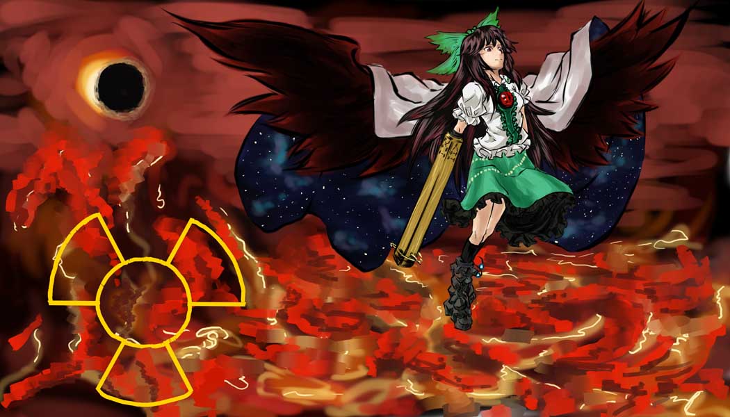 black_hair, black_wings, cape, koppa_(pixiv), long_hair, red_eyes, reiuji_utsuho, touhou