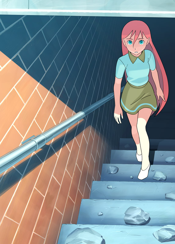 1girl, android, arms_at_sides, bangs, blue_eyes, brick_wall, collared_shirt, daichouhen_doraemon