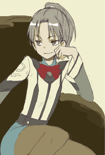 00s, 1girl, brown_legwear, chin_rest, grey_eyes, gunparade_march, lowres, military