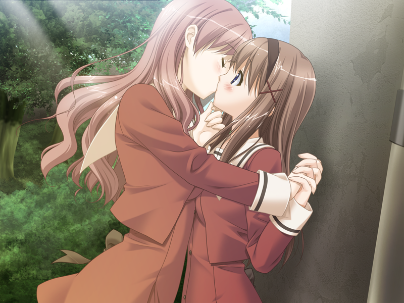 2girls, blush, chin_grab, closed_eyes, cousins, game_cg, hand_holding, incest