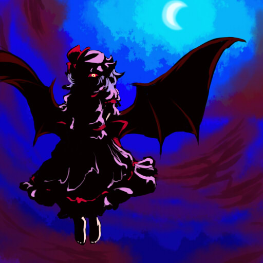 barefoot, bat_wings, hat, koppa_(pixiv), moon, red_eyes, remilia_scarlet, touhou