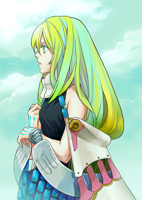 1girl, clouds, green_hair, karakuri_chouchou, koaki, long_hair, sky, solo