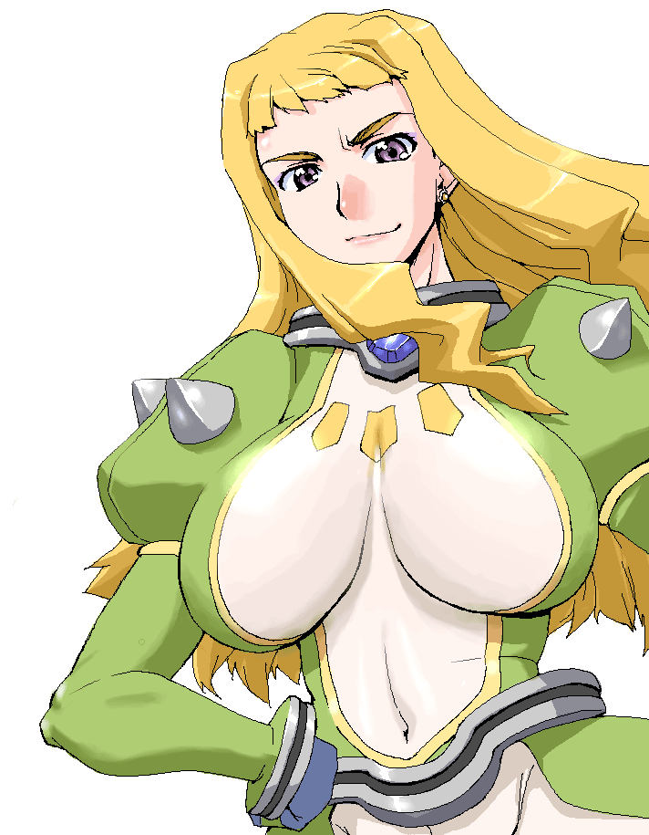 1girl, blonde_hair, breasts, covered_navel, earrings, female, gloves, hand_on_hip