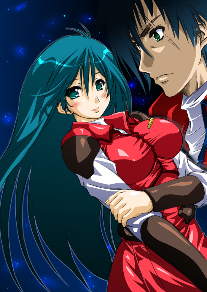 90s, aiba_takaya, aqua_eyes, aqua_hair, blush, bodysuit, breasts, d-boy