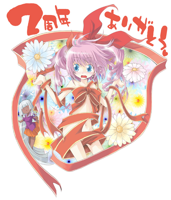 blue_eyes, hair_ribbon, katou_kouki, naked_ribbon, original, pink_hair, ribbon