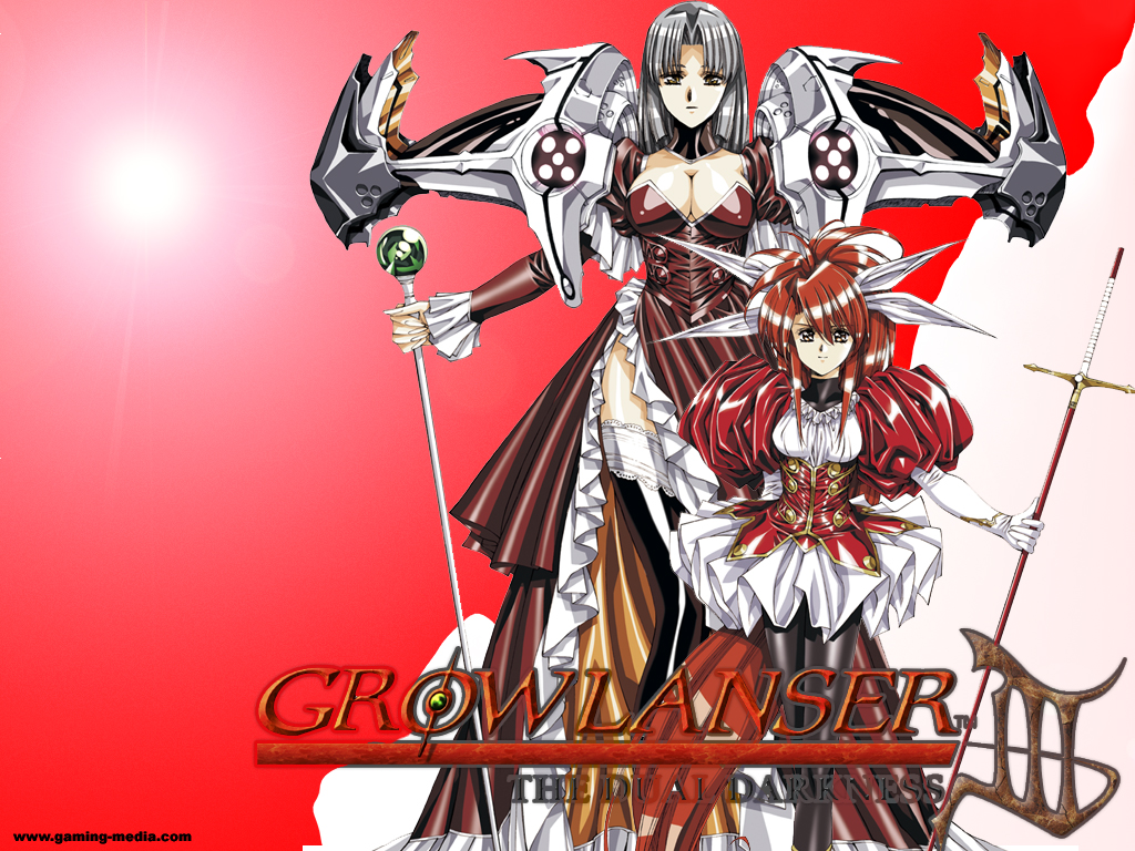 2girls, annette_burns, armor, armored_dress, bangs, barbara_(growlanser), black_legwear, breasts, choker, cleavage, dress, elbow_gloves, formal, frills, gloves, grey_hair, growlanser, growlanser_iii, hair_ribbon, large_breasts, legs_crossed, long_hair, mature, milf, multiple_girls, official_art, pantyhose, parted_bangs, pleated_skirt, ponytail, redhead, ribbon, shiny, shiny_clothes, shiny_hair, short_dress, shoulder_pads, side_slit, sitting, skirt, staff, standing, sword, thigh-highs, turtleneck, urushihara_satoshi, wallpaper, watermark, weapon, white_gloves
