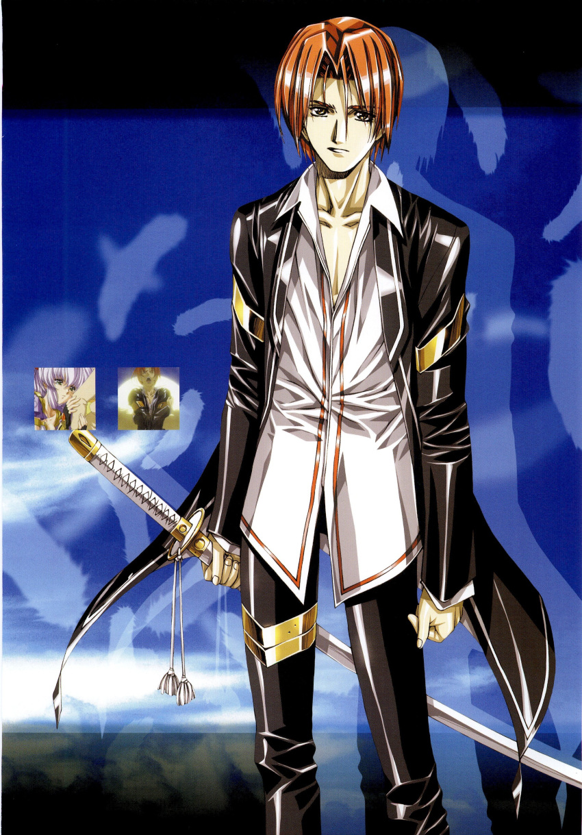 1boy, 1girl, absurdres, arm_hug, armlet, bangs, bishounen, chest, clenched_hand, closed_eyes, clouds, collarbone, collared_shirt, crevaniel, crevanille_(growlanser), crossed_arms, d-ln, feathers, formal, grey_eyes, growlanser, growlanser_iv, highres, holding, holding_weapon, jewelry, letterboxed, long_sleeves, looking_at_viewer, male_focus, official_art, open_mouth, pants, parted_bangs, parted_lips, redhead, ribbon, scan, screencap, sheath, sheathed, shiny, shiny_clothes, shiny_hair, shirt, short_hair, silhouette, sky, smile, solo_focus, standing, suit, sword, tassel, tears, thigh_strap, thighlet, urushihara_satoshi, wayfarer_of_the_time, weapon, white_hair