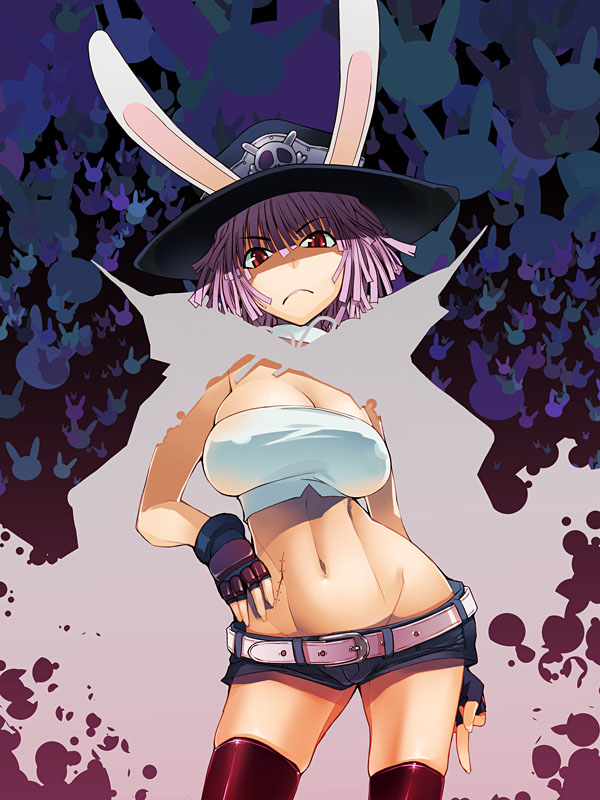 1girl, angry, animal_ears, asaki_takayuki, bandeau, belt, breasts, buredo, cameltoe, cape, choker, cleavage, death_bunny, fingerless_gloves, frown, gloves, groin, hairlocs, hand_on_hip, hat, hips, large_breasts, lowleg, middle_finger, midriff, mound_of_venus, navel, pink_hair, rabbit, rabbit_ears, red_eyes, scar, shirt, short_hair, short_shorts, shorts, skindentation, skull_and_crossbones, solo, standing, strapless, taut_clothes, taut_shirt, thigh-highs, tubetop, wide_hips, wrestle!_idol, zettai_ryouiki
