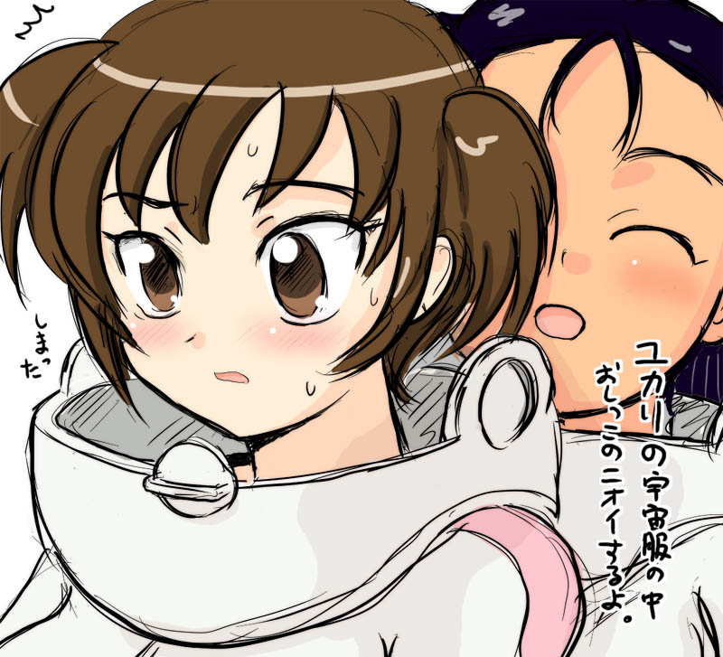 2girls, bodysuit, matsuri, morita_matsuri, morita_yukari, multiple_girls, rocket_girls, short_hair