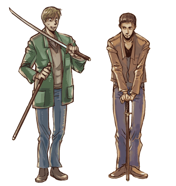 brown_hair, crossover, harry_mason, james_sunderland, katana, male, silent_hill, silent_hill_1