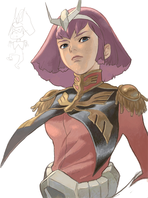 1girl, blue_eyes, char_aznable, char_aznable_(cosplay), cosplay, epaulettes, gundam, gundam_zz, haman_karn, military, military_uniform, mootan, pink_hair, short_hair, solo, uniform
