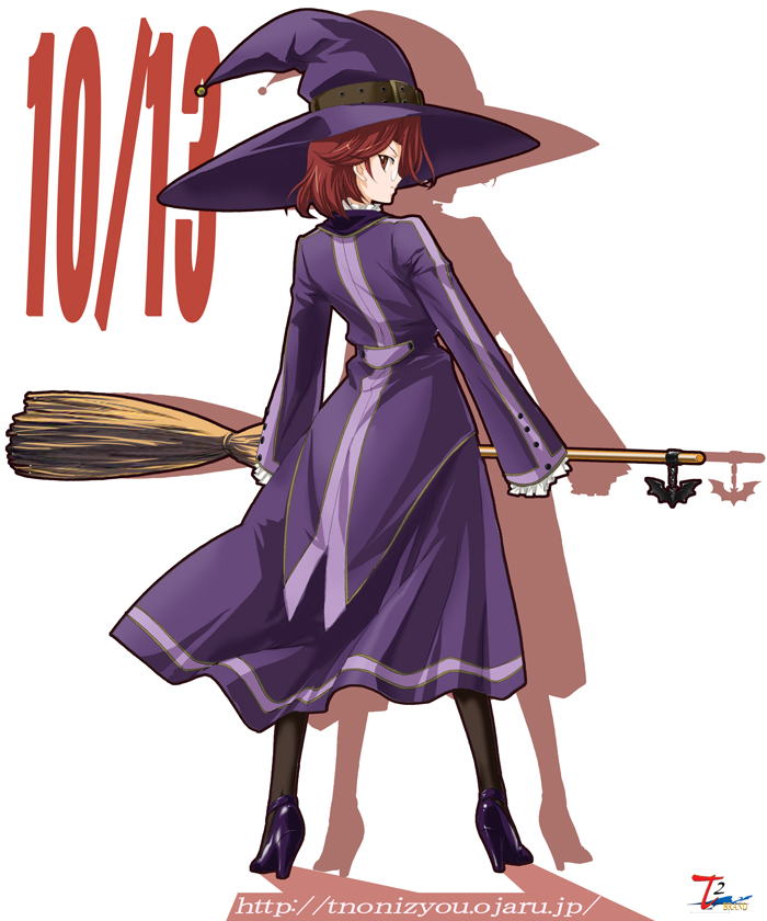 1girl, alfa_system, bat, belt, black_legwear, broom, broom_riding, dress
