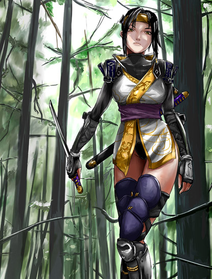 1girl, alternate_costume, face, forest, gauntlets, nature, ninja, solo