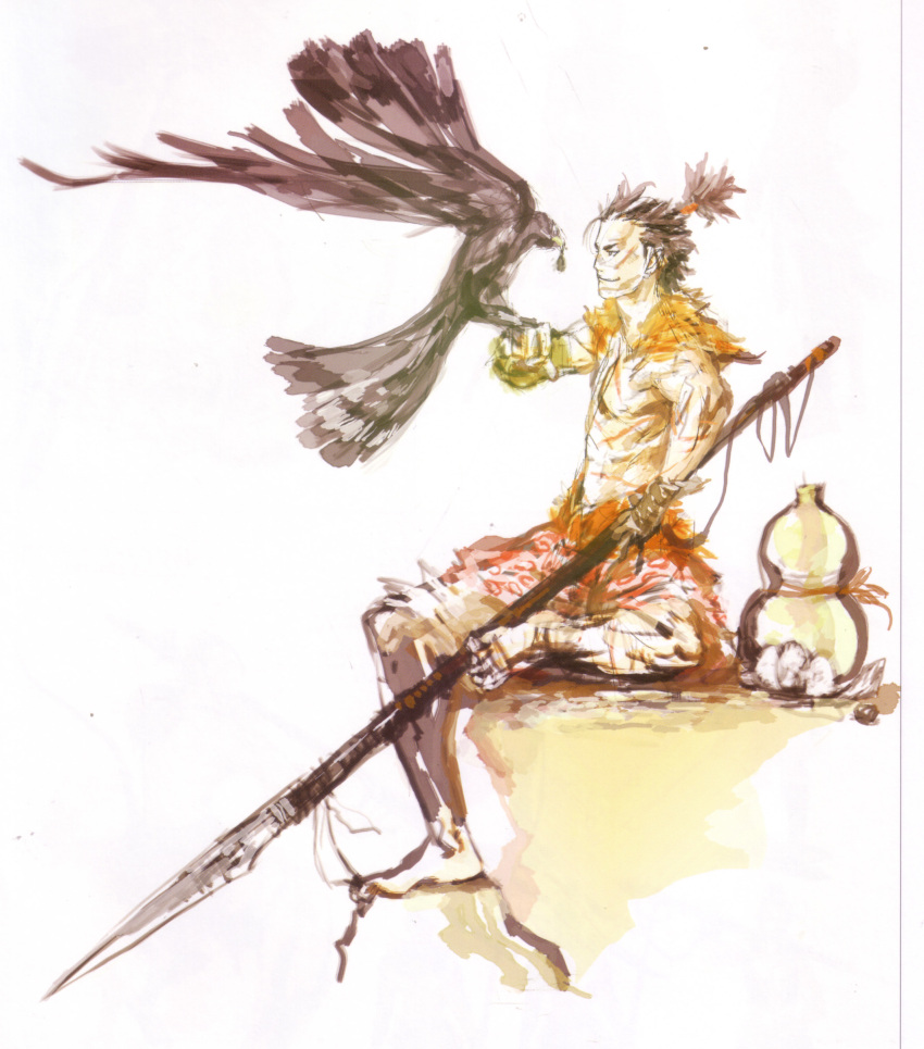 1boy, absurdres, armor, bird, gourd, highres, maeda_toshiie, maeda_toshiie_(sengoku_basara)
