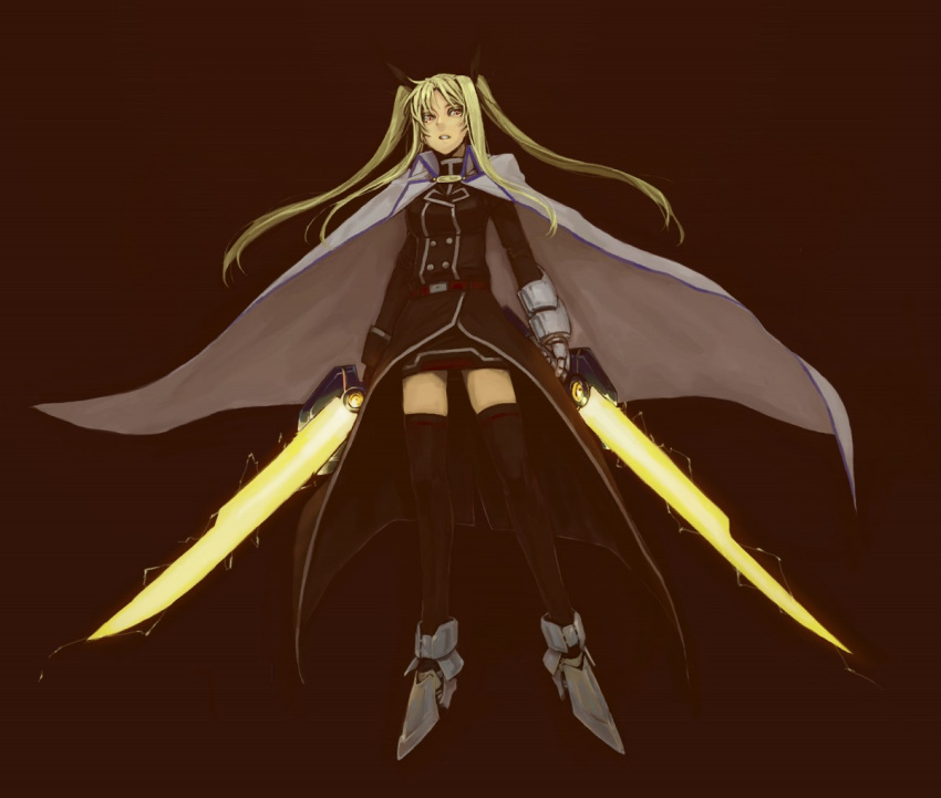 blonde_hair, cape, dual_wield, dual_wielding, energy_sword, fate_testarossa, inu_(artist), inu_(wankosan)