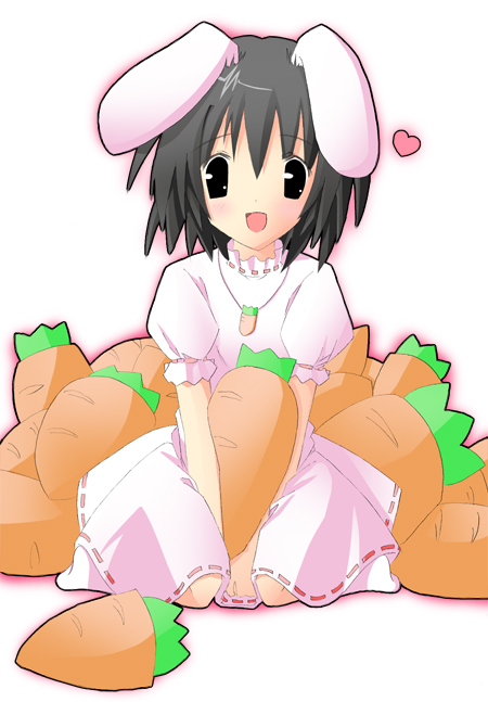 1girl, :d, animal_ears, carrot, carrot_necklace, dress, female, heart