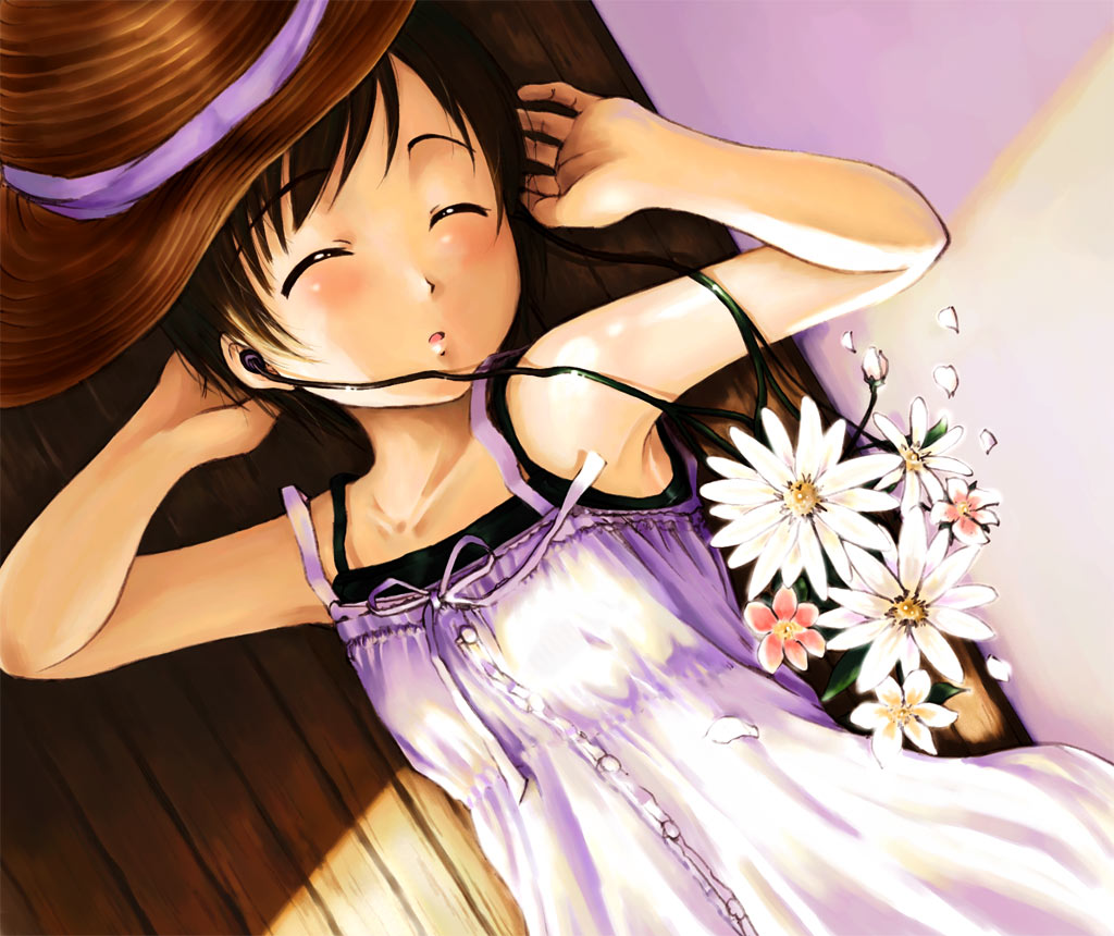 closed_eyes, dress, earphones, earphones, flower, hat, ooshiro_youkou, original