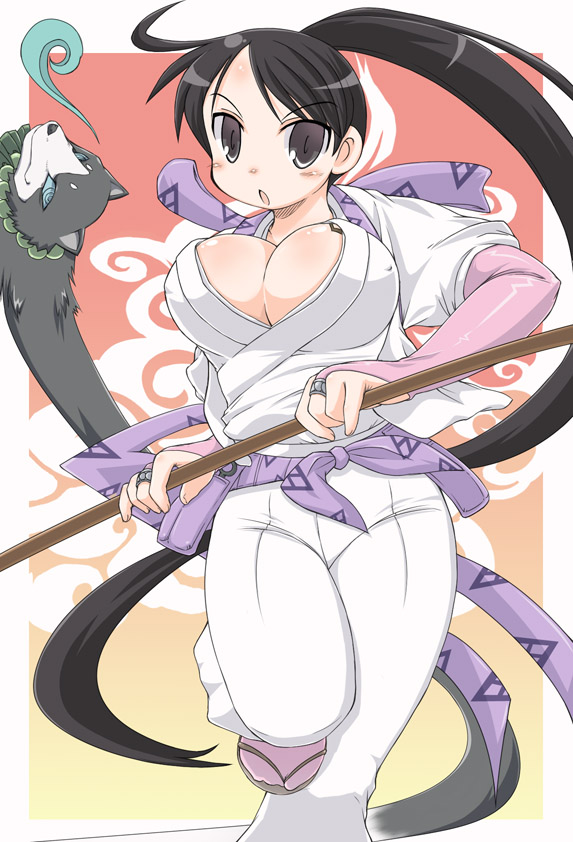 1girl, :o, ahoge, black_hair, blush, breasts, bridal_gauntlets, cleavage, curvy, dog, erect_nipples, footwear, ghost, hakubi, huge_breasts, japanese_clothes, kekkaishi, large_breasts, long_hair, naitou, naitou_kouse, no_bra, open_mouth, ponytail, running, sandals, socks, staff, tabi, very_long_hair, yukimura_tokine
