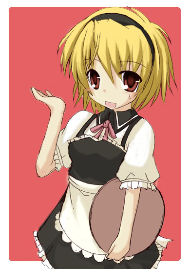 1girl, blonde_hair, hairband, higurashi_no_naku_koro_ni, houjou_satoko, md5_mismatch, red_eyes, shikine, solo, waitress