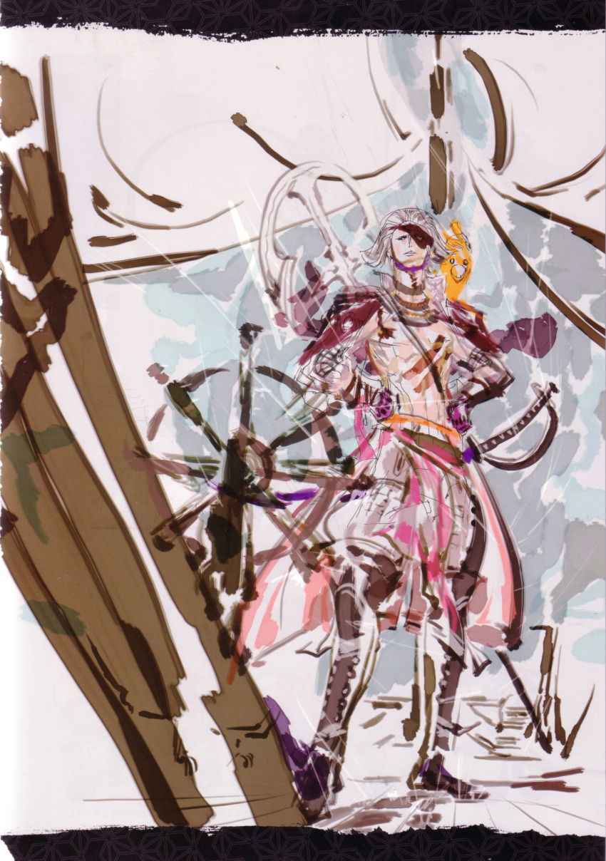 1boy, absurdres, anchor, armor, chosokabe_motochika_(sengoku_basara), chousokabe_motochika_(sengoku_basara), highres, male_focus, polearm, samurai, sengoku_basara, solo, spear, tsuchibayashi_makoto, weapon