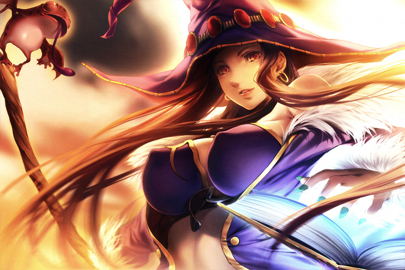 1girl, book, breasts, brown_eyes, brown_hair, earrings, frog, hat, jewelry, long_hair, open_book, simosi, solo, staff, venus_&amp;_braves, vivi, vivi_(v&amp;b), vivi_ornitier, vivid_orrin, witch, witch_hat