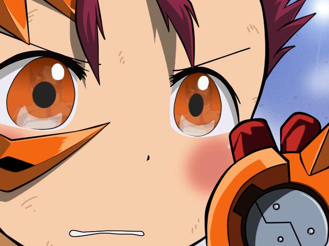 00s, 1boy, alter_form, blush, chibi, clenched_teeth, gununu, holding, kazuma_(scryed), male_focus, orange_eyes, parted_lips, redhead, scryed, shell_bullet, solo, teeth, upper_body, zetsuei_(scryed)