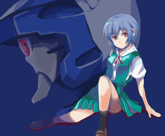 1girl, ayanami_rei, black_legwear, blue_hair, dress, eva_00, full_body, green_dress