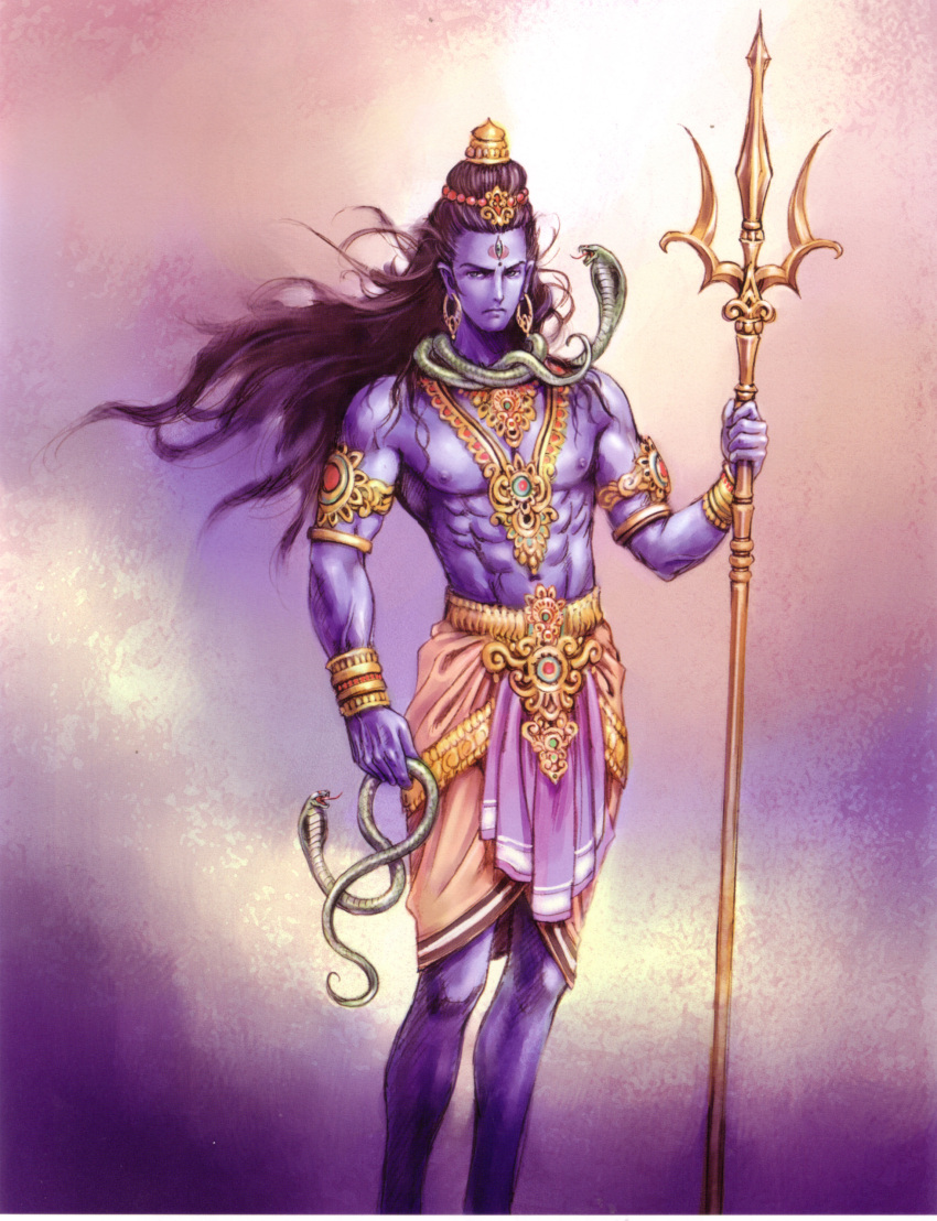 1boy, abs, absurdres, biceps, blue_skin, highres, hindu_mythology, long_hair