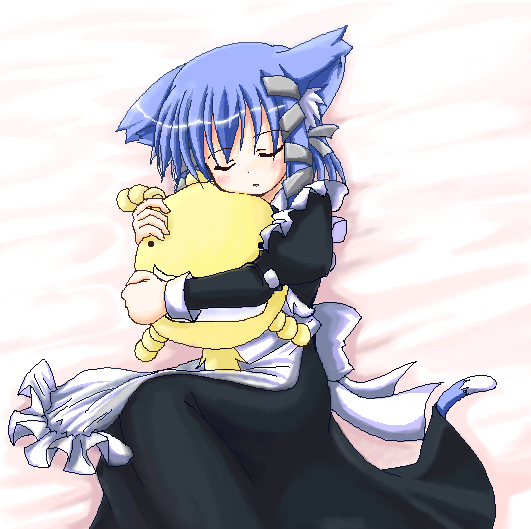 1girl, animal_ears, aokaze, blue_hair, cat_ears, closed_eyes, hair_ribbon, maid, makino_(ukiuo), moyashimon, oekaki, oryzae-tan, ribbon, sleeping, tress_ribbon, ukagaka