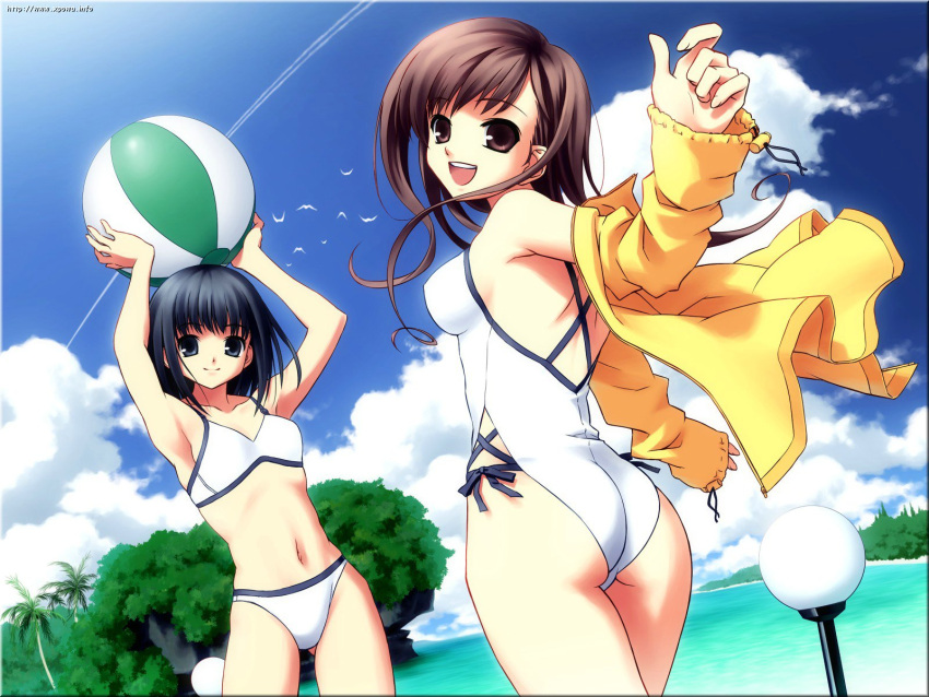 00s, 2girls, arms_up, ball, beach, beachball, bikini, black_hair