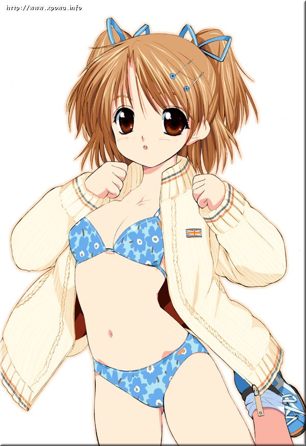 00s, 1girl, :o, bikini, blue_bikini, blue_ribbon, blush, breasts, brown_eyes, brown_hair, clenched_hands, flag_print, floral_print, hair_ornament, hair_ribbon, hairclip, jacket, jpeg_artifacts, kusaka_souji, leg_up, long_sleeves, looking_at_viewer, navel, open_clothes, open_jacket, outline, print_bikini, ribbon, shoes, short_hair, simple_background, sister_princess, sleeves_past_wrists, small_breasts, sneakers, socks, solo, sweater, swimsuit, twintails, two_side_up, union_jack, unzipped, watermark, web_address, white_background, white_legwear, yotsuba_(sister_princess)