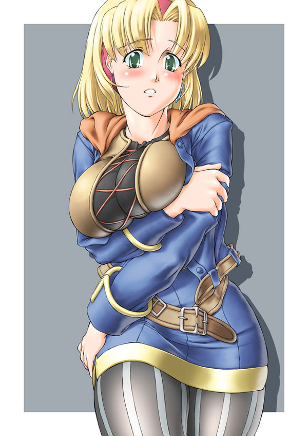 1girl, blonde_hair, breast_rest, breasts, cecilia_lynne_adelhyde, curvy, green_eyes, grey_background