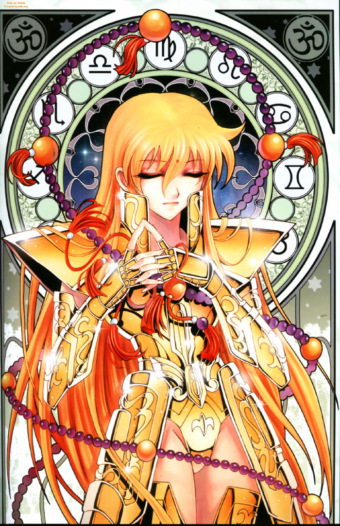 1girl, adapted_costume, armor, beads, blonde_hair, closed_eyes, elbow_gloves, facial_mark