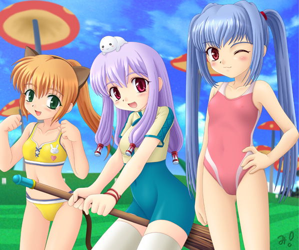 animal_ears, bikini, blue_hair, blush, bodysuit, broom, broom_riding, cat_ears