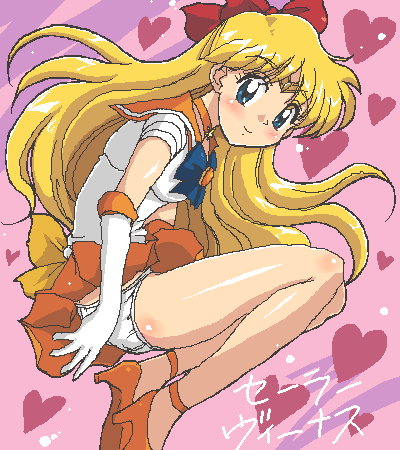 1girl, 4040_(abonriya), 4040_(artist), 90s, aino_minako, aliasing, bishoujo_senshi_sailor_moon, blonde_hair, blue_eyes, blush, bow, character_name, choker, elbow_gloves, gloves, hair_bow, half_updo, heart, heart_background, high_heels, long_hair, looking_at_viewer, lowres, magical_girl, miniskirt, oekaki, orange_skirt, panties, pantyshot, pink_background, pleated_skirt, red_bow, sailor_collar, sailor_venus, shoes, simple_background, skirt, smile, solo, tiara, translated, underwear, upskirt, white_gloves, white_panties, wind, wind_lift