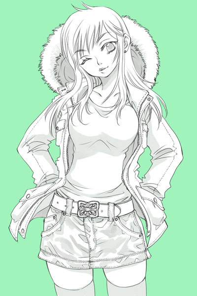 1girl, belt, coat, fur, hands_in_pockets, head_tilt, hood, lipstick