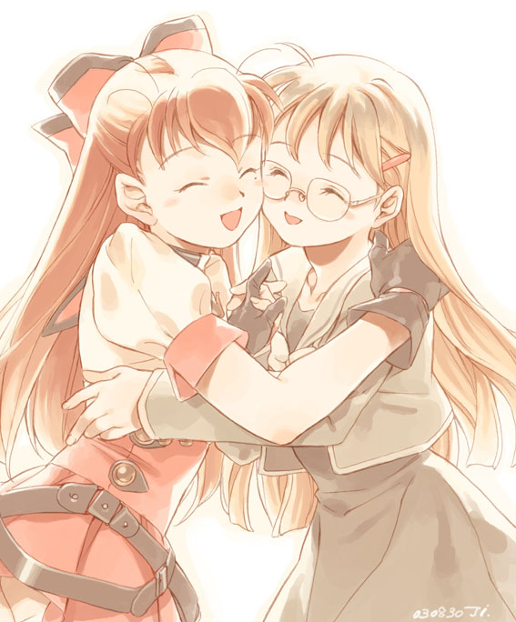 2girls, ^_^, black_gloves, bow, closed_eyes, glasses, gloves, hair_ornament