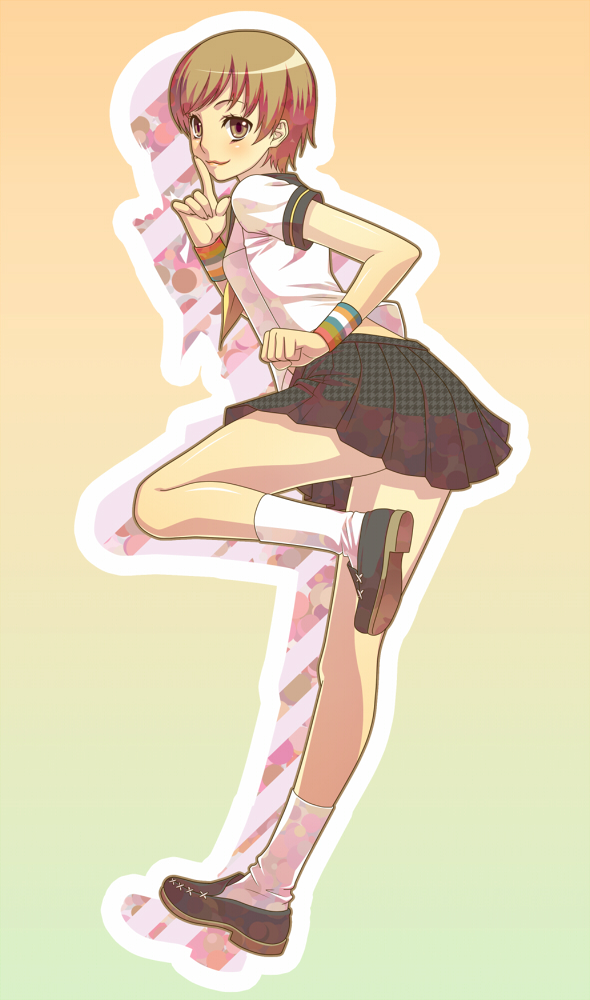 back, brown_eyes, brown_hair, legs, lips, looking_back, persona, persona_4, satonaka_chie, school_uniform, shh, short_hair, shushing, skirt, socks, ssh, terumii, tomboy, wristband
