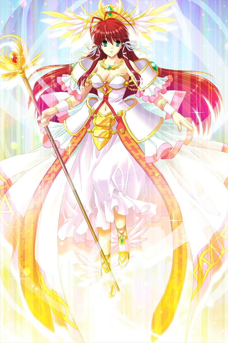 1girl, chiyotani_yuka, game_cg, green_eyes, highres, jewelry, megami_taisen, necklace, princess, redhead, solo, staff, tagme