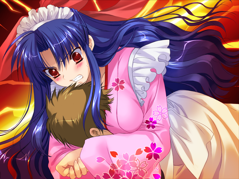 1girl, angry, blue_hair, blush, breast_press, breast_smother, breasts, femdom