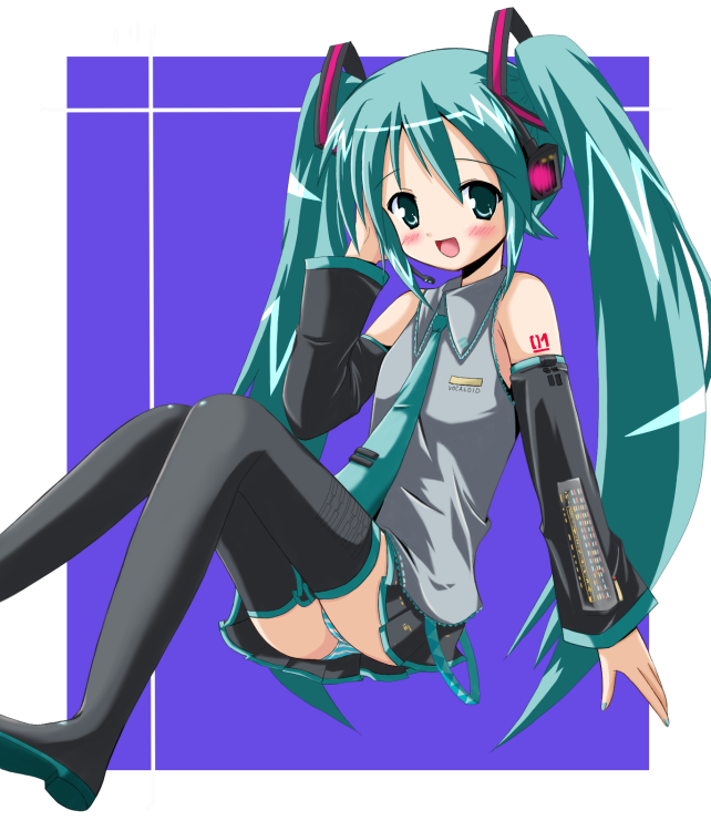 1girl, aqua_hair, blush, hand_on_headphones, hatsune_miku, headphones, katoyuu, sitting