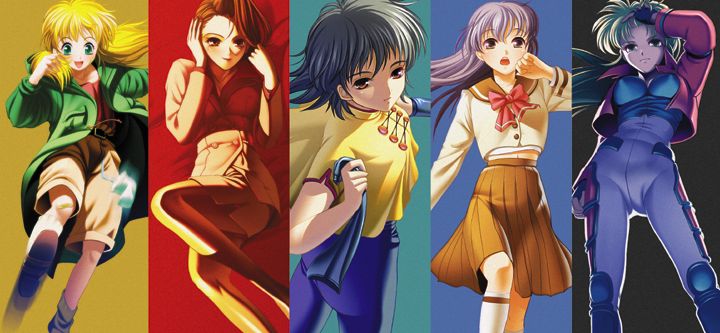 5girls, adjusting_hair, blonde_hair, bodysuit, brown_hair, cal_devens, claudia_mccunnen, ein_(phantom)