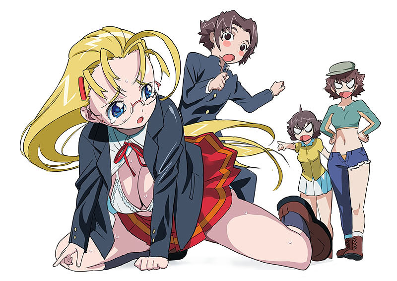 1boy, 3girls, asymmetrical_clothes, blonde_hair, bra, denim, fallen_down, furinji_miu