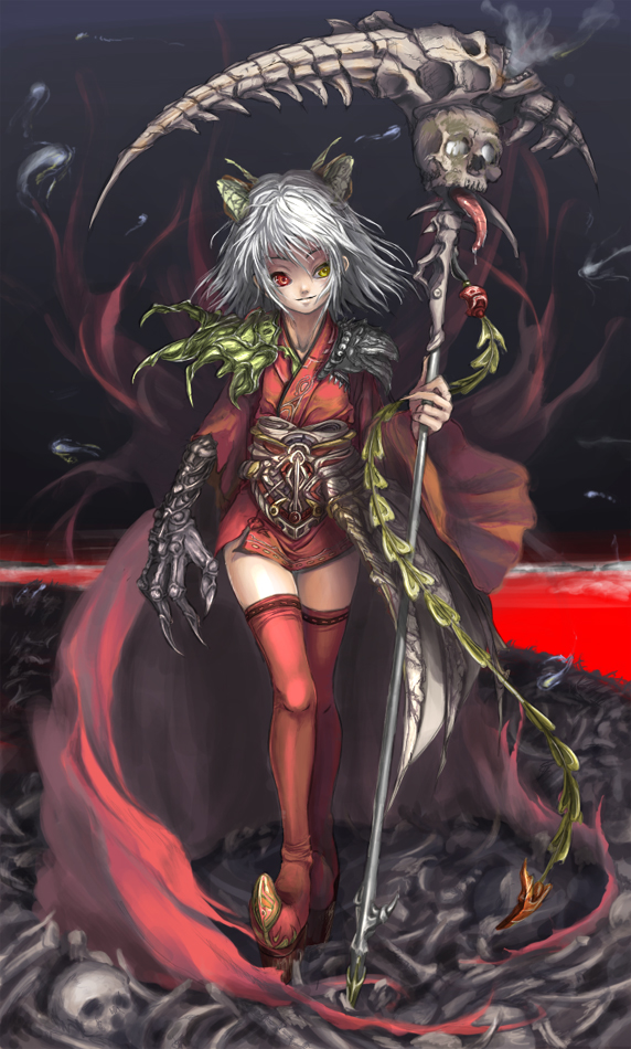 1girl, bone, boots, claws, hell, heterochromia, horns, kurokurokuro