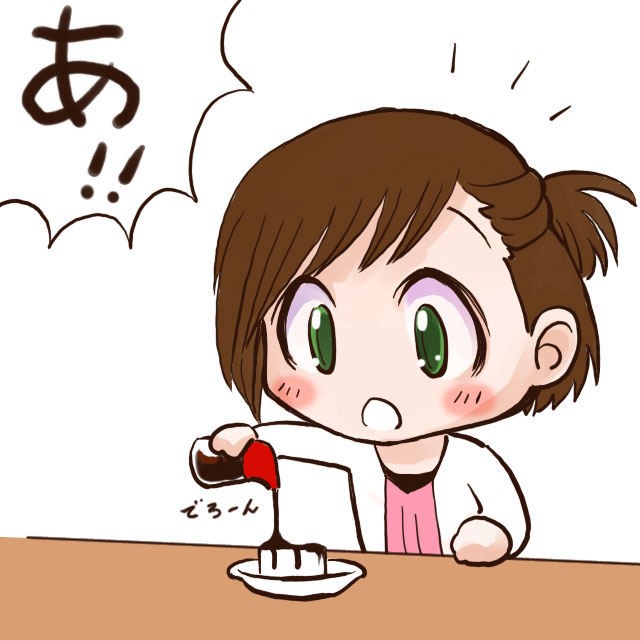 1girl, a, brown_hair, chibi, food, green_eyes, nakayama_saki, pouring, solo, soy_sauce, surprised