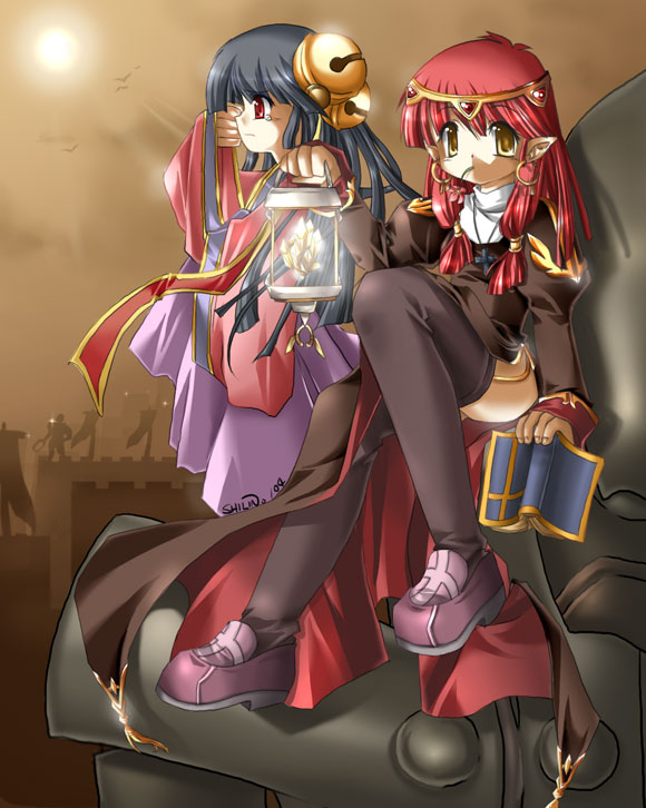 2girls, bell, black_legwear, book, circlet, cross, demon, earrings, emperium, flower_in_mouth, grey_hair, guardian, hanbok, jewelry, jingle_bell, korean_clothes, long_hair, mouth_hold, multiple_girls, necklace, pointy_ears, priest, priest_(ragnarok_online), priestess, profile, ragnarok_online, red_eyes, redhead, shilin, sitting, sohee, sun, tears, thigh-highs, yellow_eyes