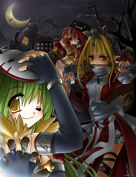 3girls, alchemist, alchemist_(ragnarok_online), armlet, bat, blonde_hair, blue_eyes, bracelet